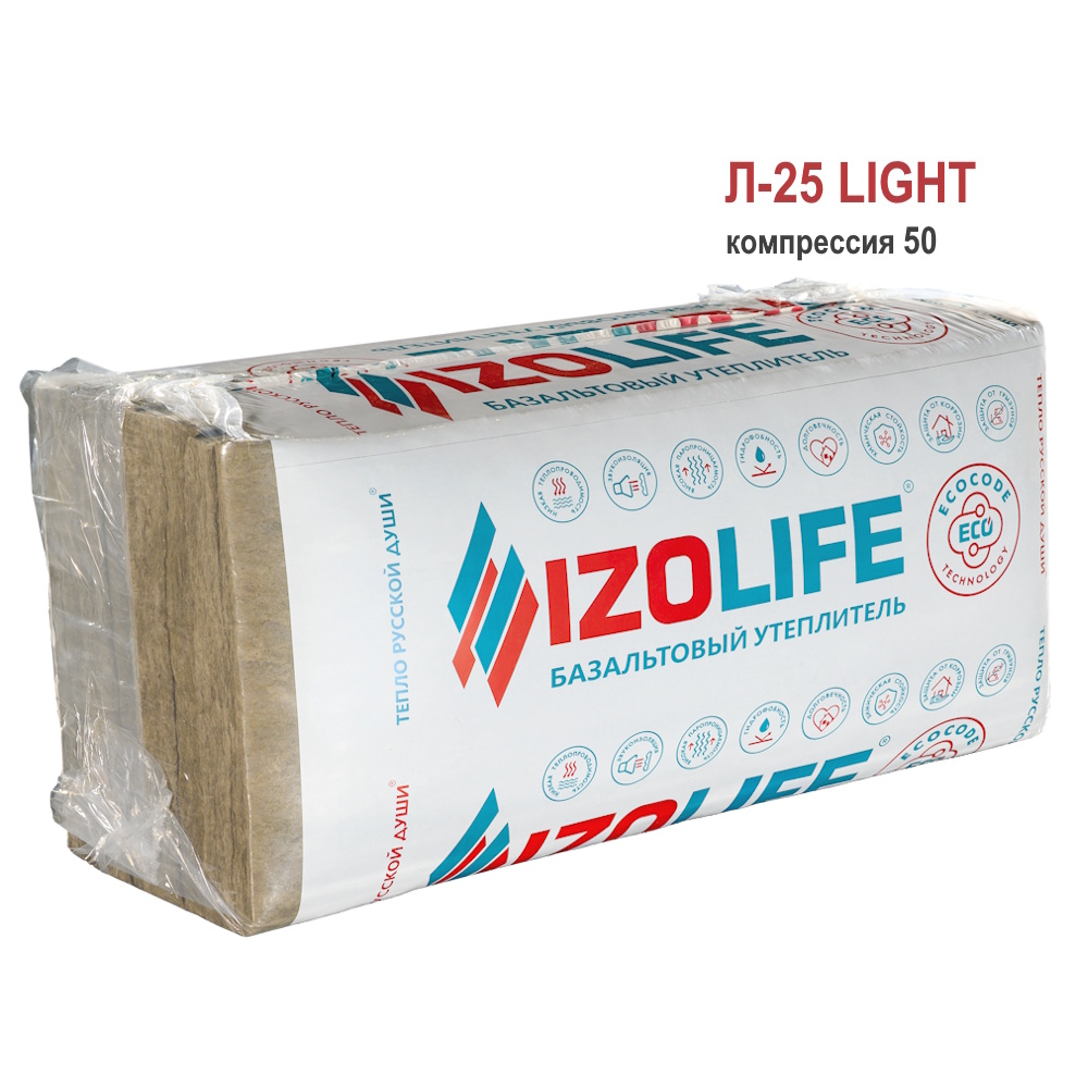 Тепло-звукоиз "IZOLIFE"LIGHT Л-25"компр 50" Пл-50мм*600мм*1200мм*16шт/11,52м кв